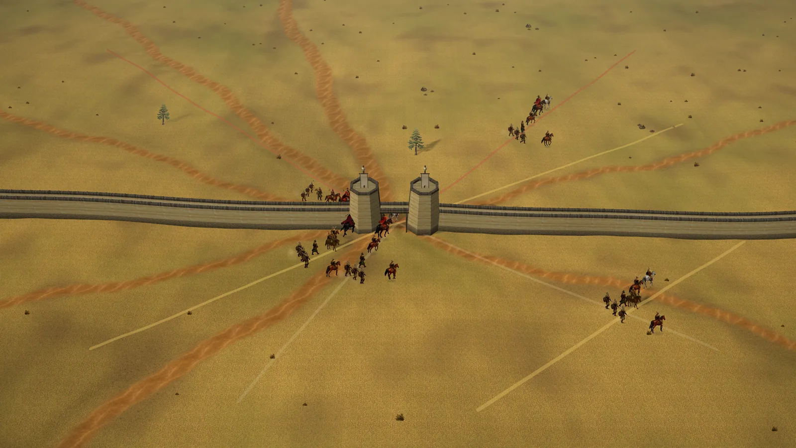 Army routes bending through a gate in the wall